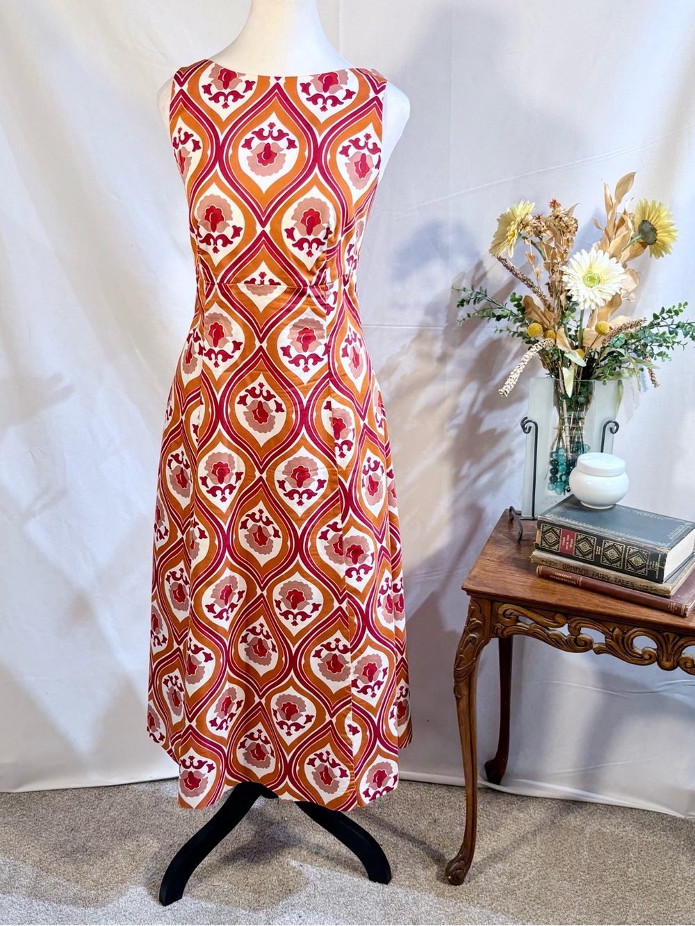 Boden Slash Neck Midi Dress Kumquat, Geo Cascade Pockets Stretch Cotton 8🧡 - Picture 9 of 9